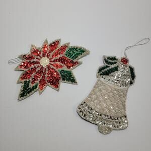 Sequin Poinsettia and Silver Bell Fabric Christmas Ornament